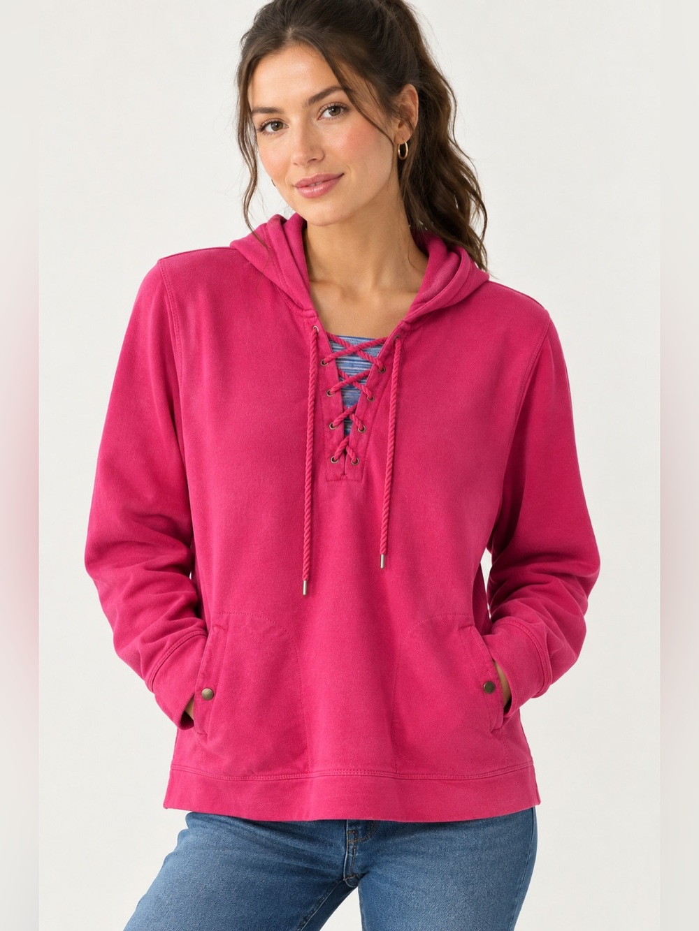 Lauren Ralph Lauren Pullover Nautical Hoodie Womens 1X Red Lace Up V-Neck